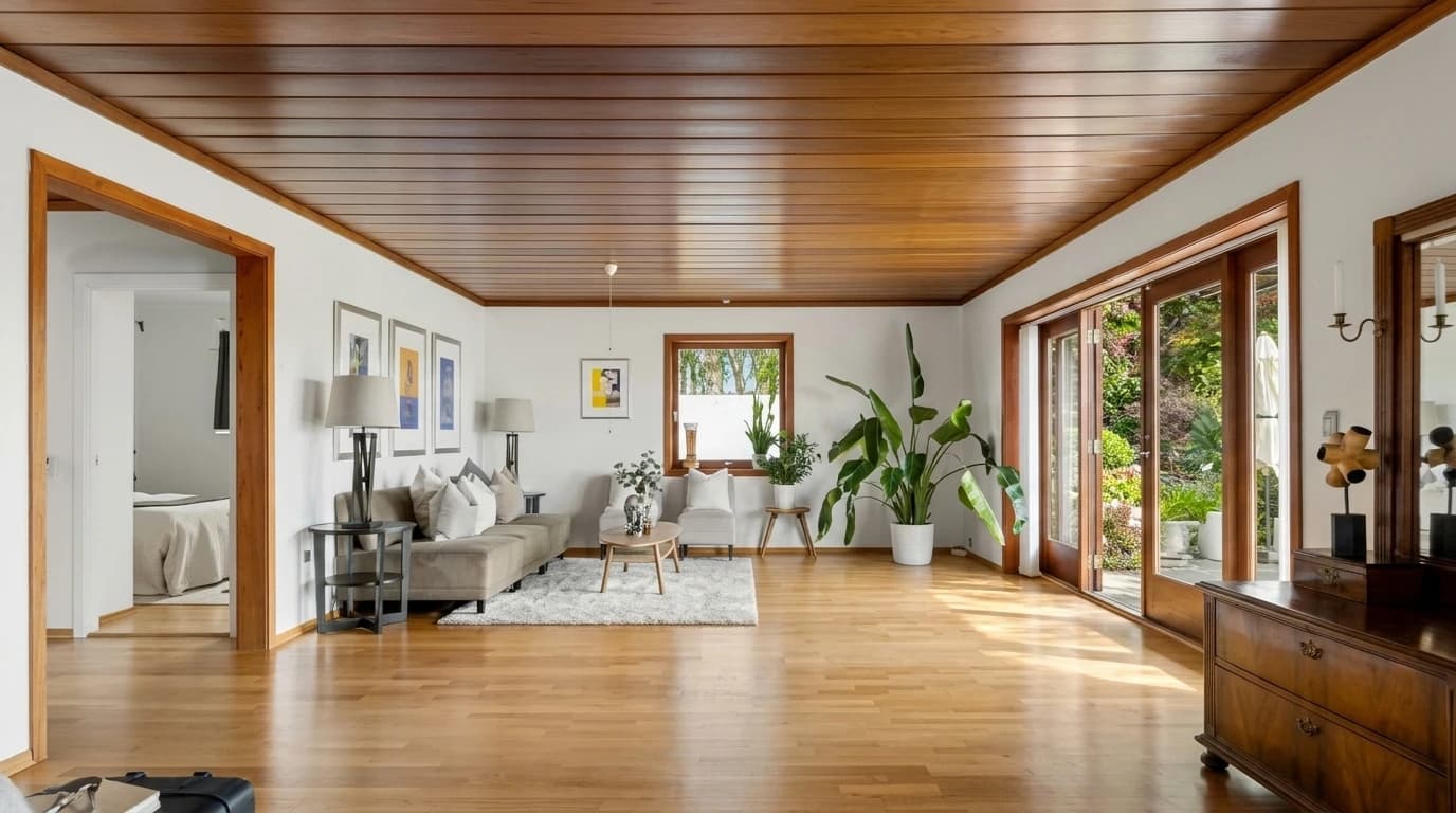 EFDW Architects living room interior design with wood ceiling